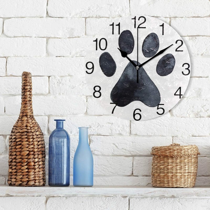 senya Black Dog Paw Print Design Round Wall Clock, Silent Non Ticking Oil Painting Decorative for Home Office School Clock Art - Image 3